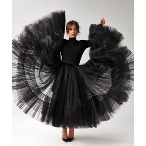 2021 Very Puffy Black Tulle Skirts Ankle Length Ruched Tulle Skirt Women Summer Bottom High Street Tutu Skirt Saias Mulher