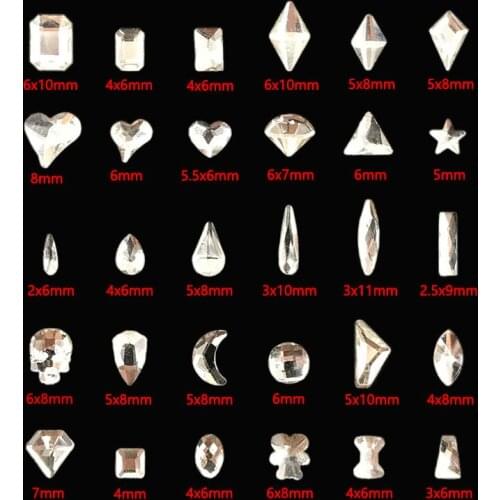 30pcs Hot sale multiple styles shapes Crystal Clear Nail Art Rhinestones Flatback Glass stones For 3D Nails Art Decoration