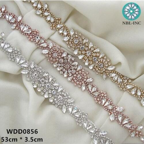 30PCS)Wholesale beaded bridal sash crystal rhinestone appliques iron on for wedding dresses DIY sash WDD0856-53CM