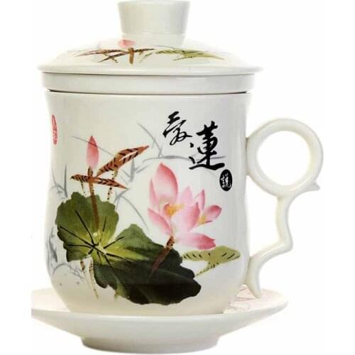 Blue and white porcelain ceramic office four-piece cup with lid including filter equipment personal lunch cup gift conference