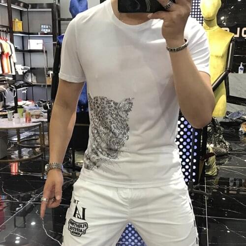 Brand Hot Diamond Slim Fashion T-Shirt Men Leopard Tiger Shiny Cotton High Top Quality Rhinestone Short Sleeve Summer