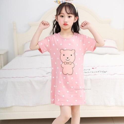 Polka Dot Bear Pattern Cartoon Cotton Pajamas Round Neck Short Sleeves Childrens Nightdress Girls Nightgowns Baby Kids Pajamas