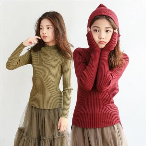 Girls Cotton Wool Sweater Fall Green Red Hooded Sweater Fashion Tight Stretch Solid Color Sweaters Kids Clothes 6 8 10 12 14