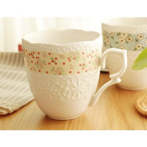 Bone China Ceramic Mugs With Handgrip American Style Pastoral Floral Printed Emboss Coffee Tea Breakfast Cups White With Spoon
