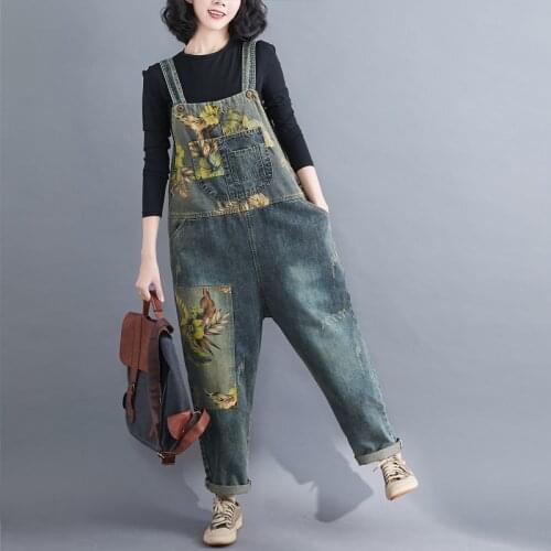 Spring All-Match Denim Jumpsuit Long Pants Loose Botanical Floral Printed Pocket Romper Strap Jean Overalls Women Tunic 2021