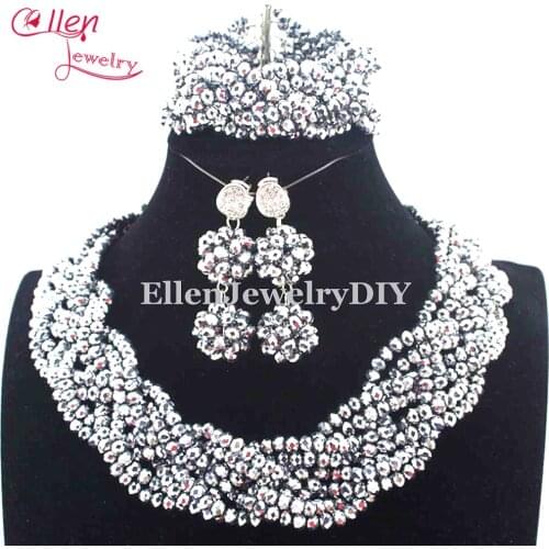 Silver Fashion African Beads Jewelry Set for Nigerian wedding bridal dubai Crystal Beads women statement Necklace Set E1008