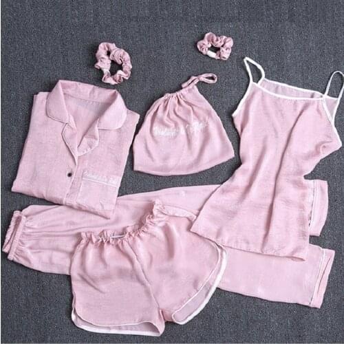 Women Pajamas 5 Pieces Satin Pajamas Sets Sleepwear Silk Home Wear Embroidery Sleep Lounge Lace Pyjama with Chest Pads