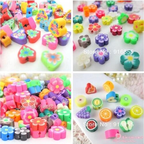 Sale!72Pcs 10mm Mixed Colors 3D Polymer Clay Beads With Holes Flower/Heart /Friut Design For DIY Jewelry Making