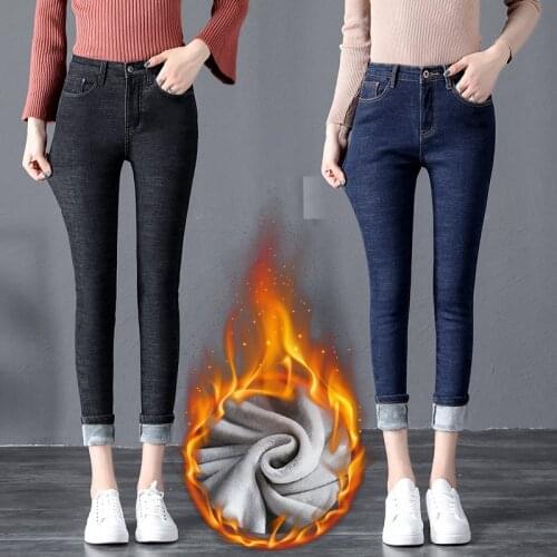 Ripped jeans for women with high waist boyfriend jeans woman skinny winter warm fleece thick denim pencil pants female jeans