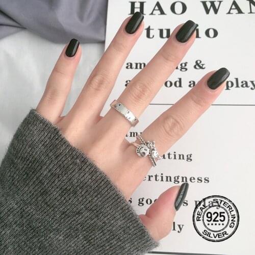 S925 Silver Rings For Women Adjustable Opening Geometric Fashion Cute Smiley Ruler Personality INEFFA Charming Design Styl