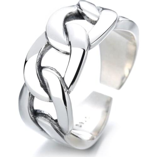 SA SILVERAGE Korean S925 Sterling Silver Sideways Thick Chain Female Ring Retro European American Wind Ring Adjustable Open Ring