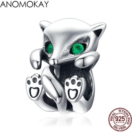 Anomokay 925 Sterling Silver Little Baby Fox Animal Charm fit Original Silver Bracelet S925 Silver Green CZ Bead Fashion Jewelry