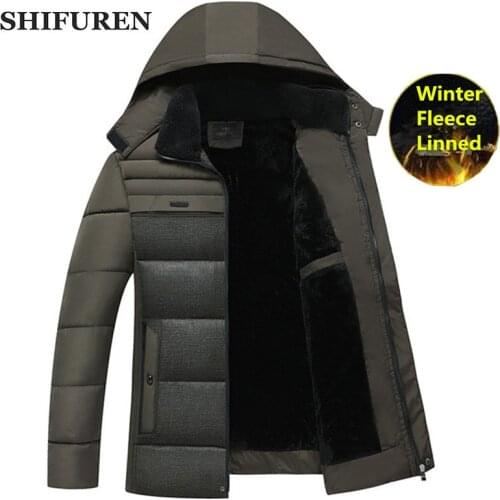 SHIFUREN Parka Men Coats 2019 Winter Warm Jacket Fleece Velvet Liner Thicken Hooded Outwear Male Cotton-padded Parka Overcoat