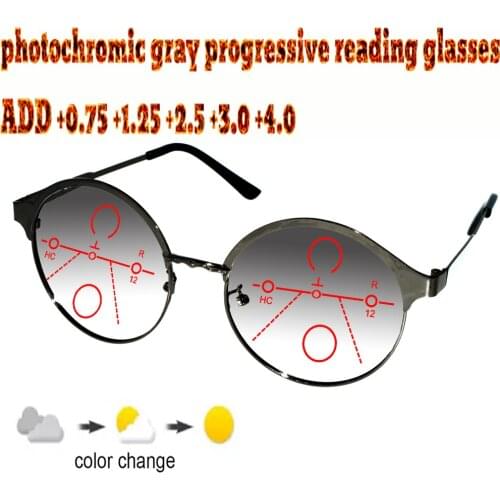 Photochromic Gray Progressive Multifocal Reading Glasses Men Women Ultralight Black Frame+1.0 +1.5 +1.75 +2.0 +2.5 +3 +3.5 +4