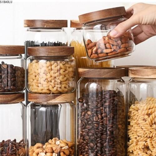 Glass Bottle Bamboo Lid Sealed Glass Container Food Storage Tank Mason Jars Dustproof Moisture-proof Nut Bottle Seasoning Jar