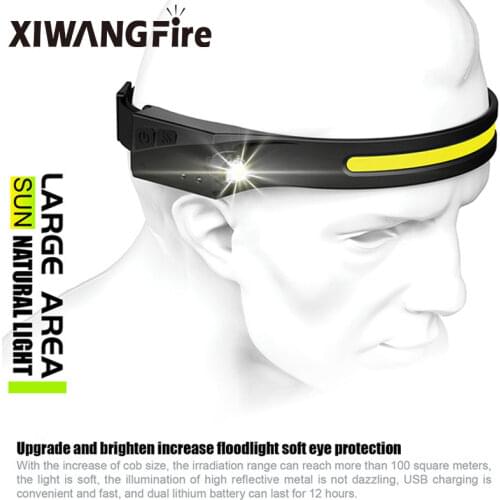 COB LED Headlamp Sensor Headlight with Built-in Battery Flashlight USB Rechargeable Head Lamp Torch 5 Lighting Modes Work Light