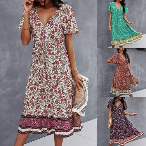 Women Dress Casual Loose Floral Print V-Neck Ladies Short Sleeve Dress Fashion Elegant Beach Style Temperamental Mujer Vestido