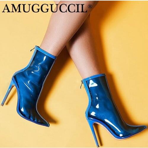 2020 New Plus Big Size 35-47 Apricot Blue Zip Fashion Sexy High Heel Clear Spring Summer Girl Females Lady Women Boots X1795