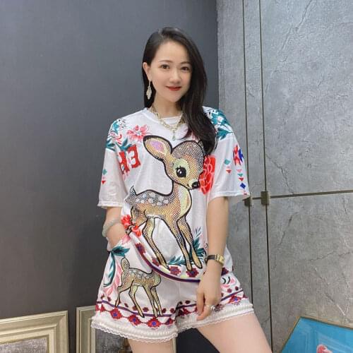 Women Summer Cartoon Deer White 2 Piece Sets Ladies Rhinestones T Shirt and Elastic Waist Pearls Shorts