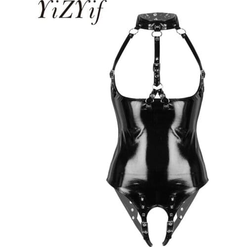 Womens Open Cup Patent Leather Lingerie Bodysuits Nightwear Wet Look Halter Neck Bare Breast Crotchless Buckle Leotard Bodysuit