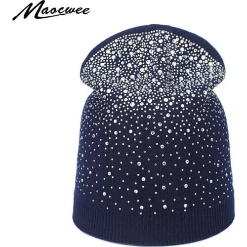Womens Rhinestones Beanies Spring Autumn Beanie Hat for Women Knit Cap Winter Hat Knitted Wool Beanie Female Fashion Skullies