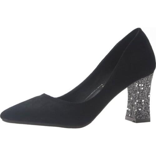 2020 autumn new Korean version of the wild pointed suede high heels women sequins thick heel sexy temperament single shoes