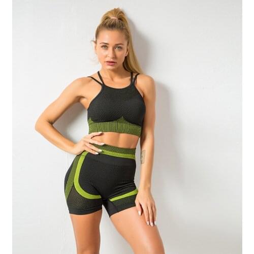 Seamless Yoga Set Workout Clothes For Women Shorts Mesh Patchwork Sports Bra 2 Pieces Set Breathable Fitness Suit Sportswear