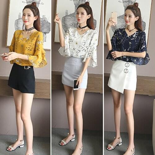 Floral Ladies Top Slim Short Sleeve Summer Casual Chiffon Shirt