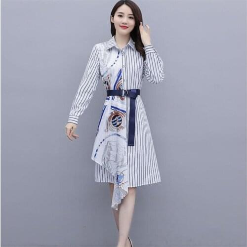 Office Ladies striped Dress Retro Printing Lapel Button Belt Waist Slim Formal Business Tops Work Shirtdress Casual Dresses