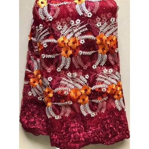 2021 African Net Lace Fabric, High Quality Elegant Nigerian Wedding Lace Fabrics 5Yards Stones French Tulle lace VLL5092 WINE