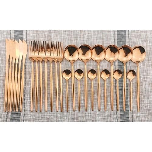 24pcs Rose Gold Cutlery Set 304 Stainless Steel Dinnerware Sets Knife Fork Spoon Kitchen Tableware Set Party Silverware Set