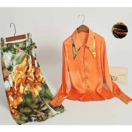 Spring Summer Women two piece set Elegant Skirts suits shirt Blouse women tops + Printing Skirts set