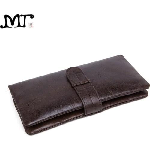 MJ Mens Genuine Leather Wallets High Quality Real Leather Bi-Fold Long Wallet Coin Pocket Card Holder Male Purse Coffee