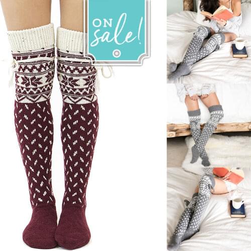 Fashion 2019 Women Winter Warm Bowknot Floral Printed Cable Knit Over Knee Long Boot Thigh-High Stockings