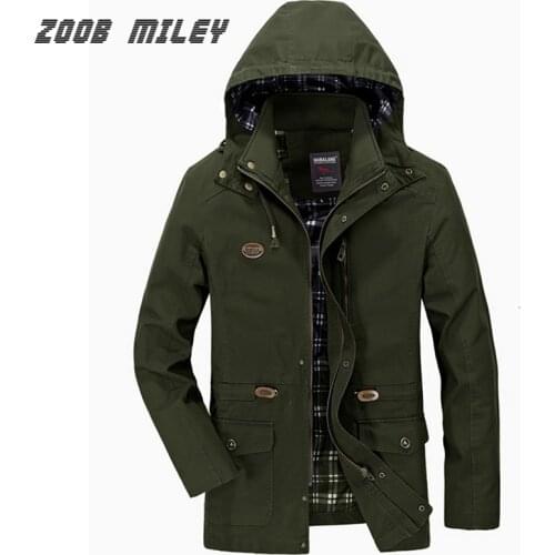 ZOOB MILEY Men Autumn Spring Hooded Coat Hat Detachable COTTON Men Jackets Long Sleeve Military Style Casual Outerwear Plus Size
