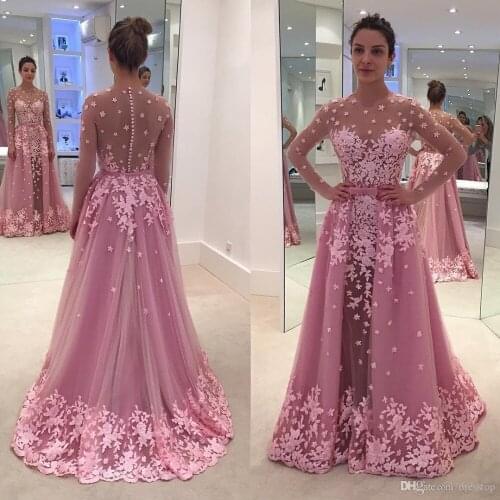 Detachable Train Formal Evening gowns With Long Sleeves Sequins Mermaid illusion Button pink lace prom dresses 2019 prom dress