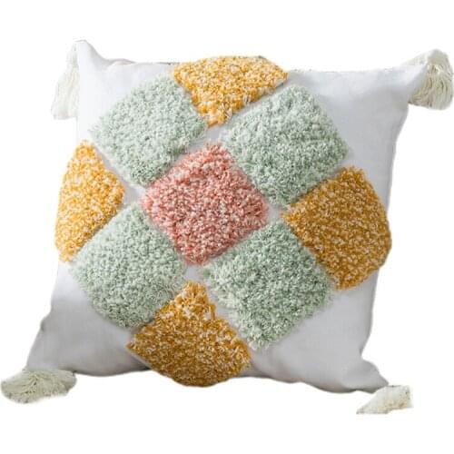 Pastoral Style Woven Tufted Pillow Case Tassel Multicolor Rhombus Cushion Cover