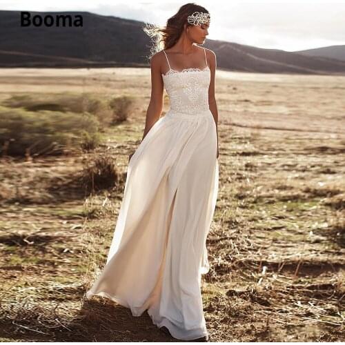 Booma Simple Elegant Lace Wedding Dresses Boho 2020 Chiffon Beach Bridal Gowns Sleeveless Spaghetti Straps Wedding Party Dress