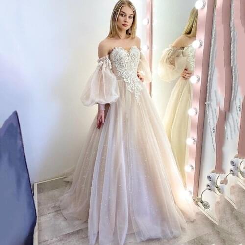 Dusty Pink Fairy Puff Long Sleeves A-Line Lace Appliques Wedding Dresses Beaded Glitter Shiny Wedding Gowns