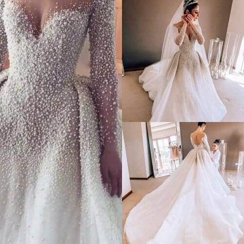 Luxury Wedding Dresses With Pearls Removable Train Bridal Gowns Mermaid Arabic Dubai Long Sleeves Vestido De Noiva Brautkleid
