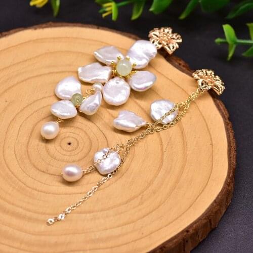 Handmade Natural Fresh Water Baroque Pearl Crystal Flower Drop Earrings For Women Drop Earring Jewelry Asymmetric Drop Earrings