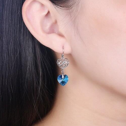 Earrings S925 Sterling Silver Double Heart Drop Earrings Sparkling Blue Crystal Dangle Earrings for Women 925 Silver Jewelry