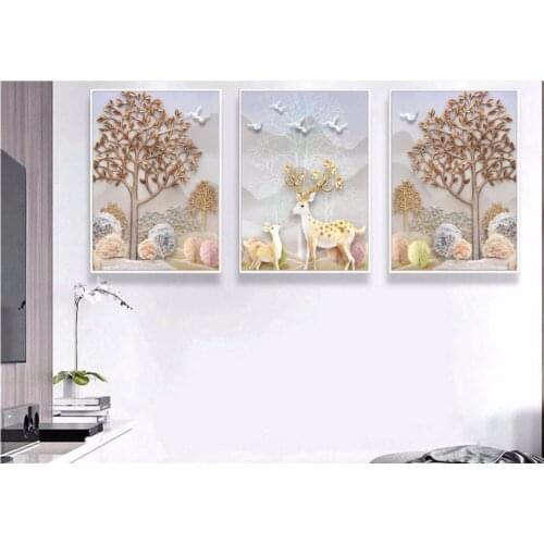 Modern simple relief three - dimensional European - style abstract fortune tree Nordic decorative painting 3piece painting
