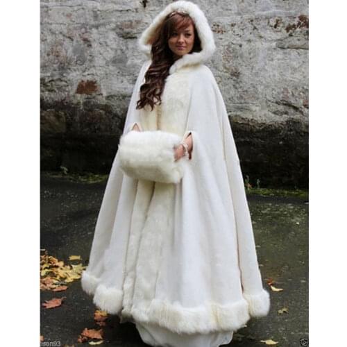 White / Ivory Bridal Cape Wedding Cloaks Hooded with Faux Fur Trim Warm Adult Winter For Winter Bridal Wraps / Capes / Poncho