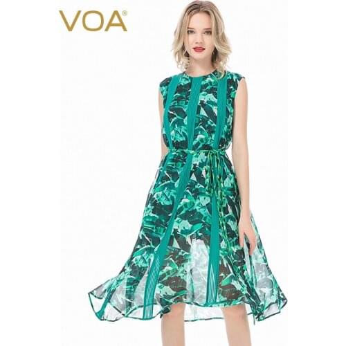 VOA Silk 12m/m Printed Georgette Womens Tucker Pleats Splicing Tie-Waist Sleeveless Elegant Summer Dress for Women A663