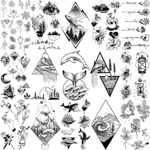 3D Black Geometry Whale Sea Mountain Temporary Tattoos For Women Kids Rose Flower Planet Fake Tattoo Neck Arm Hands Small Tatoos