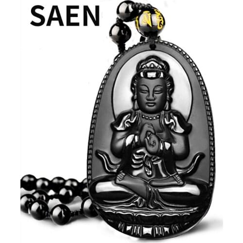 SAEN High Quality Black Obsidian Carved Buddha Lucky Amulet Pendant Amitabha Necklace For Women Men pendants Tathagata Jewelry