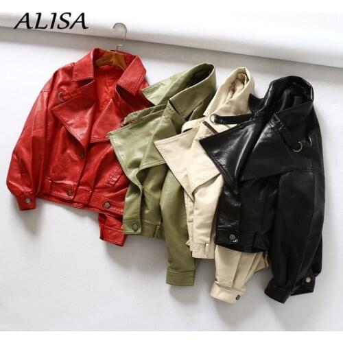 Women Biker Moto Leather Jacket Spring Autumn Batwing Sleeve Loose Pvc Coat Laides Short Zipper Pu Red Jacket Female Outwear