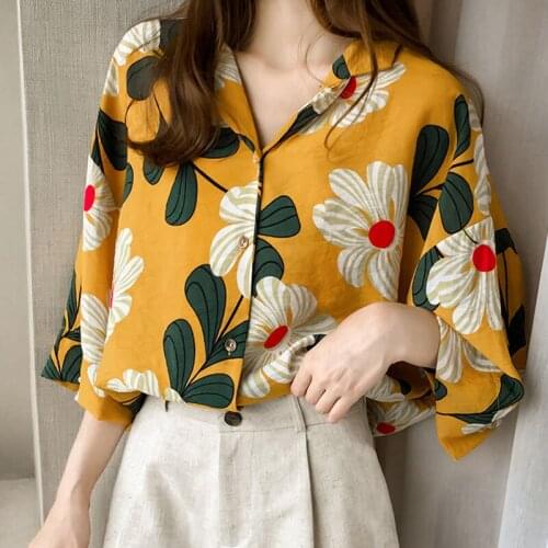 Womens tops and blouses 2019 Chiffon OL korean fashion clothing plus size blusas button Half Floral V-Neck Batwing Sleeve 0470
