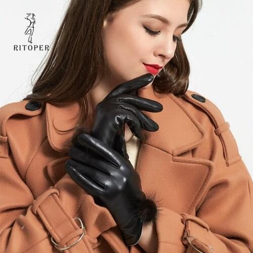 RITOPER Womens Winter Gloves Goat Skin Sheepskin Touch Screen Mink Hair Ball Thicken Warm Fashion Exquisite Genuine Leather